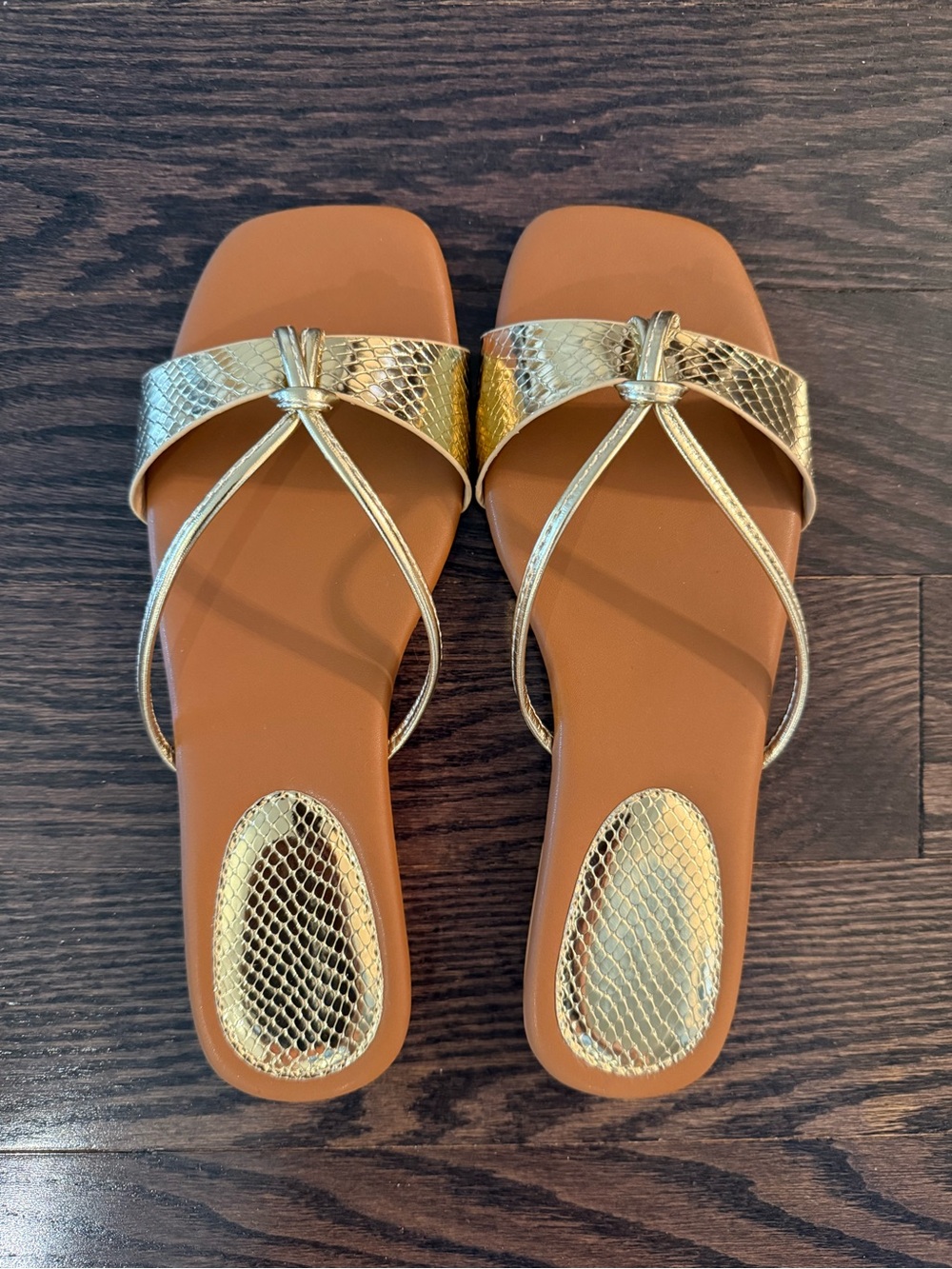 Gold Snake-Texture Strappy Slide Sandals - Women's